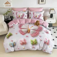 Lenjerie de Pat Bumbac Finet 5D 4 Piese cu Elastic 140x200 , Pink Butterfly