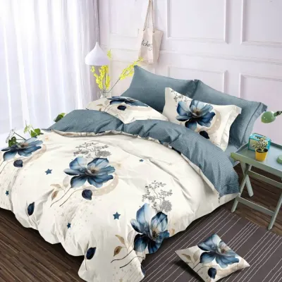 Lenjerie pat dublu cu Elastic, Finet, 6 piese, Crem, Albastru, flori
