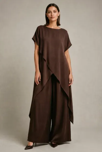Compleu dama elegant din vascoza cu tunica asimetrica si pantaloni palazzo, maro