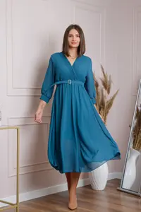 Rochie turcoaz cu bust petrecut si curea in talie