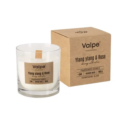 Lumanare Parfumata in Pahar Rotund Bispol, Ylang Ylang & Roses, Fitil Lemn, Timp Ardere 34 Ore, Transparent, 190 g