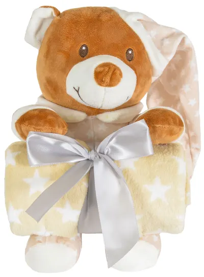 Pătură pentru copii cu jucărie moale Cangaroo - Addie Bear, 90 х 75 cm, bej