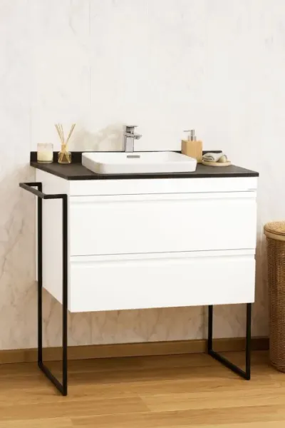 Set Baza front MDF si Lavoar seria 633, cu sertare, cadru metalic, montat, 80 cm, alb rustic