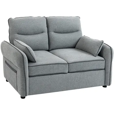 HOMCOM Canapea 2 locuri, canapea de living din velur egiptean, 2 perne incluse, buzunar lateral, 136 x 81 x 90 cm, gri | Aosom Romania
