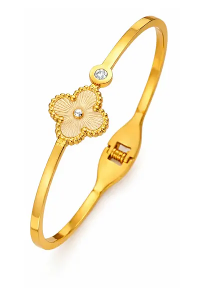 Bratara aurie - tip bangle - din otel inoxidabil - suflata cu aur 18k - cu zirconii si trifoi - Elivra C7