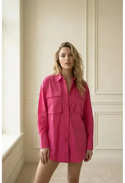 Camasi dama - camasa supradimensionata - bumbac 100% - roz magenta - maneca lunga - buzunar