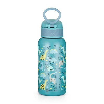 Sticla termos lichide, Petite&Mars, Dino Park, Cu cioc, Din otel inoxidabil, Cu mentinere de temperatura calda pana la 12 h, Rece pana la 24 h, 500 ml, Fara BPA, Cu maner de transport, 3 ani+, Albastru