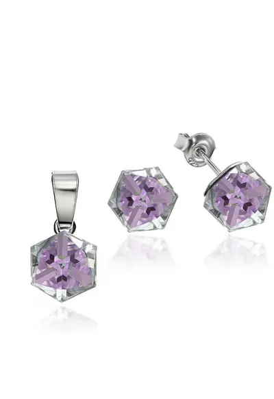Set Argint 925 placat cu rodiu cu cristale Swarovski® Cubic 6mm - Surub - Violet/Multicolor