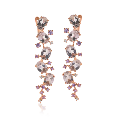 Cercei lungi din aur roz cu pietre pretioase si semipretioase de 7.45ct