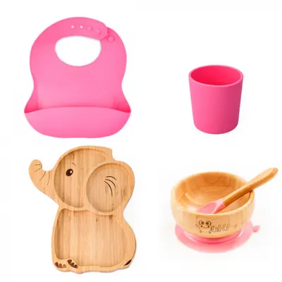 Set diversificare pentru copii Oaki castron si farfurie elefant din bambus cu lingurita, pahar si baveta roz