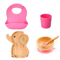 Set diversificare pentru copii Oaki castron si farfurie elefant din bambus cu lingurita, pahar si baveta roz