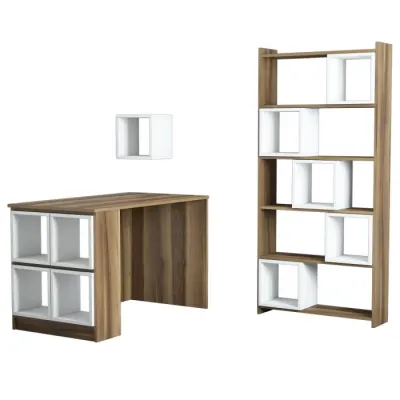 Set birou si biblioteca BOX, 3 piese, nuc + alb