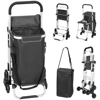 HOMCOM troler de cumpărături, geantă Oxford 40 L, design 3 roți, cadru din aluminiu, scaun, Duneklgrau | Aosom Romania