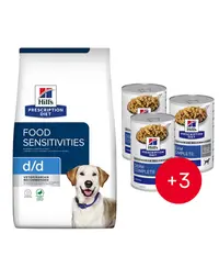 HILL'S Prescription Diet Canine d/d Food Sensitivites Duck & Rice 12 kg + 3 conserve GRATIS