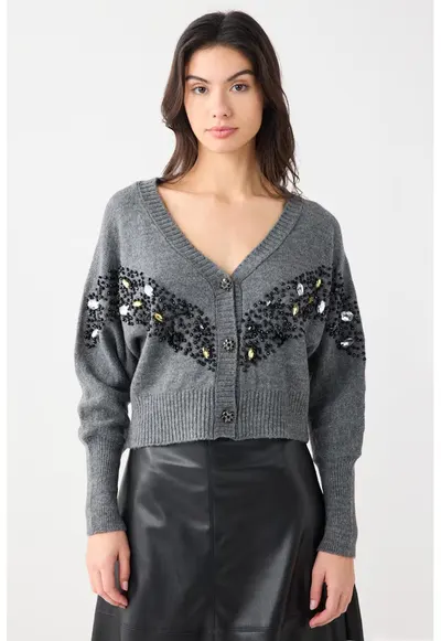 Cardigan cu margele si strasuri - Negru/Gri melange