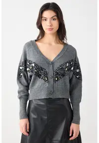 Cardigan cu margele si strasuri - Negru/Gri melange