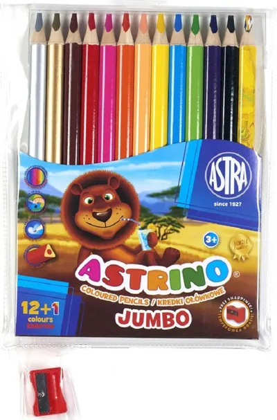 Creioane colorate Astra - Astrino, 12 culori + ascutitoare si creion cadou
