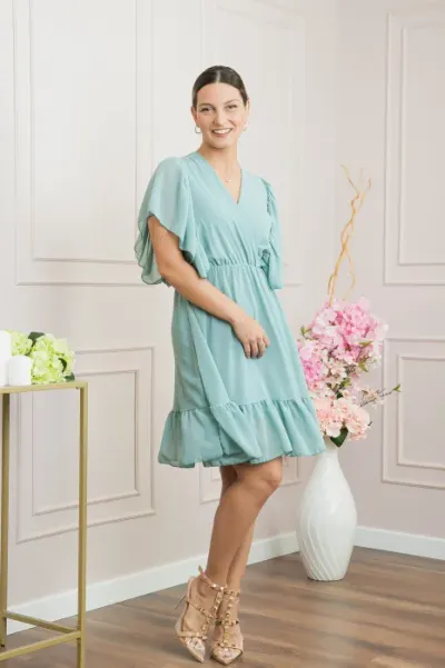 Rochie verde mint cu volane si maneci fluture