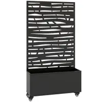 Outsunny Jardinieră cu spalier, cuvă din metal pentru flori cu panou pentru intimitate și roți, spalier decupat în lamele, 90x30x160cm, negru | Aosom Romania