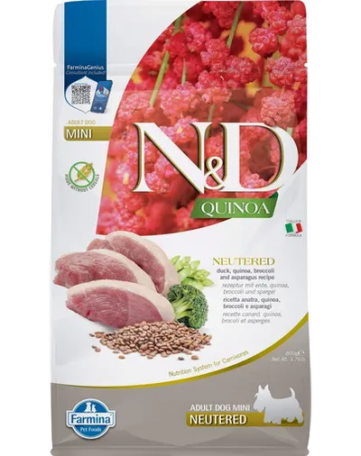 FARMINA N&D Quinoa Dog Duck, Broccoli & Asparagus Neutered Adult Mini 800 g Hrana uscata caini de talie mica, sterilizati