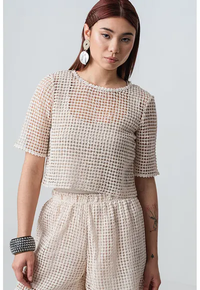 Tricou crop cu perforatii Faville - Bej deschis
