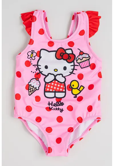 Costum de baie intreg cu model Hello Kitty si imprimeu buline - Rosu/Roz