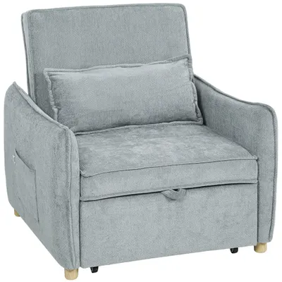 HOMCOM Fotoliu Pat 3 în 1 Pliabil, Spătar Reglabil 3 Poziții, Șezut Spațios, Pernă Detasabilă, Fotoliu Transformabil din Chenille cu Roți și Buzunare, 88x84x87 cm, Gri | Aosom Romania