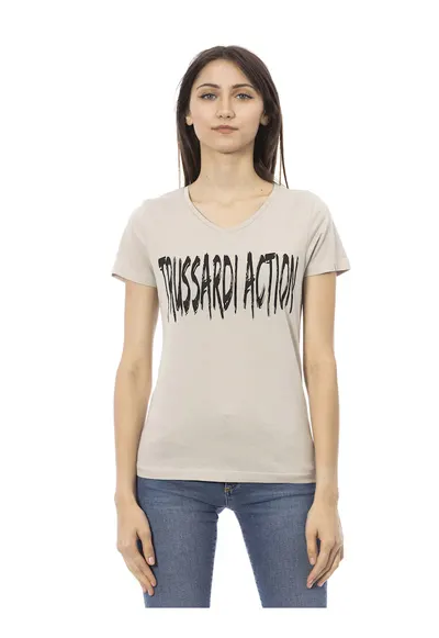 Tricou cu decolteu in V si logo - Maro camel