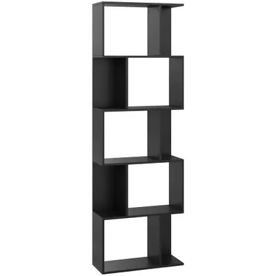 HOMCOM Bibliotecă cu 5 Rafturi Divizate în Formă de S din Lemn, 60x24x184.5 cm, Negru | Aosom Romania