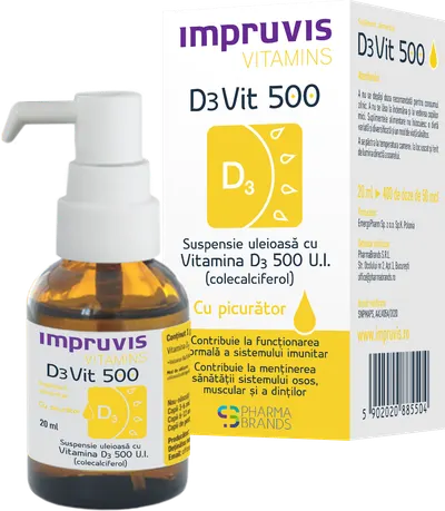 Suspensie uleioasa cu picurator Vitamina D3 D3Vit 500 U.I., 20ml, Pharma Brands