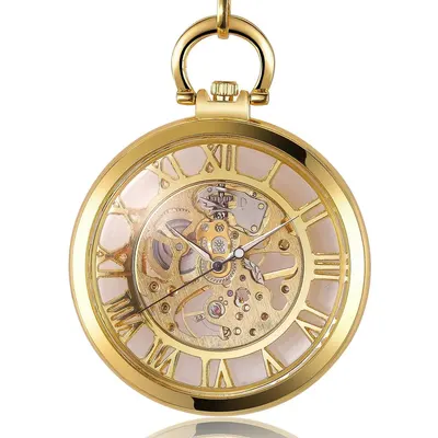 Ceas de buzunar Gorben PM678 Auriu - Skeleton, Steampunk, Mecanic, Afișaj cu Cifre Romane, Cu Lant Vintage Retro