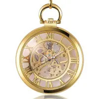 Ceas de buzunar Gorben PM678 Auriu - Skeleton, Steampunk, Mecanic, Afișaj cu Cifre Romane, Cu Lant Vintage Retro