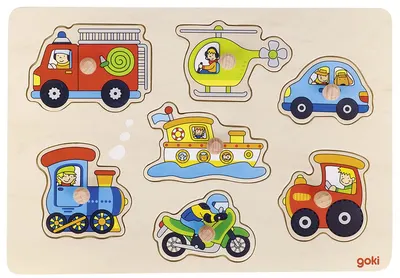 Puzzle din lemn cu manere Goki - Mijloace de transport