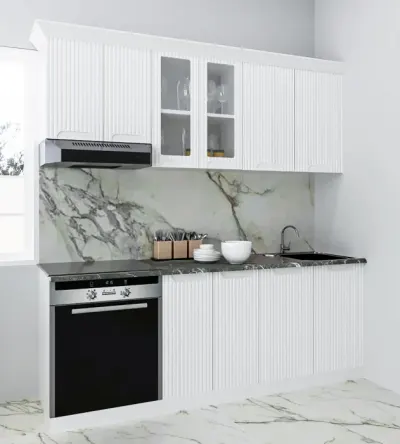 Set bucatarie SPACE 200 cm, 6 corpuri, corp cuptor, blat termorezistent, fronturi MDF, alb rustic