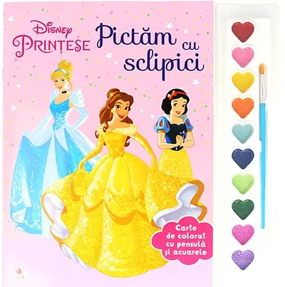 Disney. Printese. Pictam cu sclipici. Carte de colorat cu pensula si acuarele