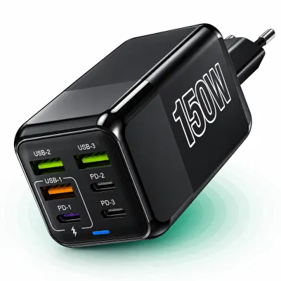 Incarcator Retea Timebox, 6 Porturi, 150W, 3 x USB, 3 x Type-C, LED, Negru - Default Title