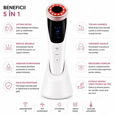 Aparat Profesional pentru Lifting Facial NewEvo RF Beauty Pro 5 in 1, Radiofrecventa RF, EMS Microcurrent, Terapie LED, Incalzire, Vibratii Sonice