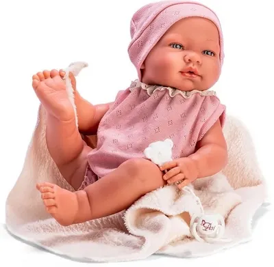 Păpușă bebeluș Asi Dolls - Maria, cu bodiul roz și pătură bej, 43 cm