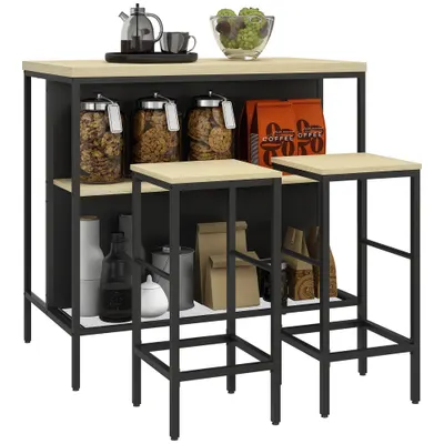 HOMCOM Set masă de bar și 2 taburete de stil industrial cu raft de depozitare, suporturi pentru picioare, metal negru și aspect lemn | Aosom Romania