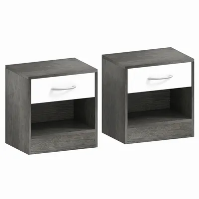 HOMCOM Set 2 Noptiere Moderne cu Raft Deschis și Sertar Alb Gri închis | Aosom Romania