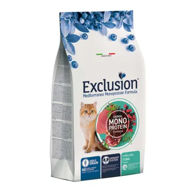 EXCLUSION Mediterraneo Monoprotein Formula Sterilised, Ton, hrană uscată monoproteică pisici sterilizate, 12kg