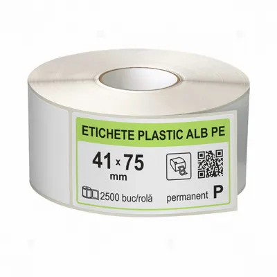 Rola etichete autoadezive plastic, PE alb, 41x75 mm, adeziv permanent, 2500 etichete rola
