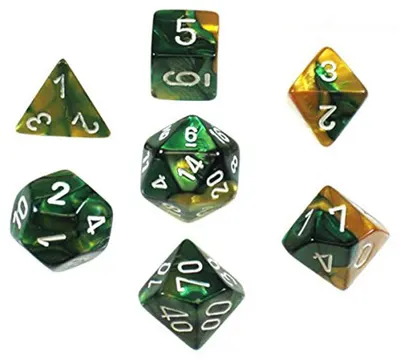 Set de zaruri Chessex - Gemini Polyhedral Dice Set, Aur-Verde/Alb (7 buc.)