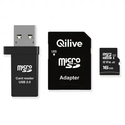 Card Memorie microSDHC Qilive, 16Gb, Clasa 10, Cu Cititor Card si Adaptor EKMSDM16GHC10QL