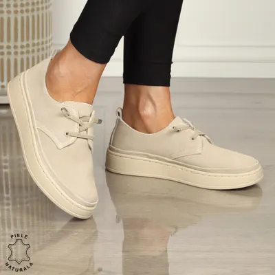 Pantofi Casual Piele Naturala Intoarsa cu Siret Crl1442 Bej
