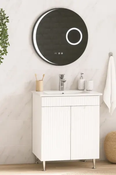 Set Baza front MDF cu Lavoar si Oglinda cu iluminare LED, seria 033, montat, 60 cm, alb