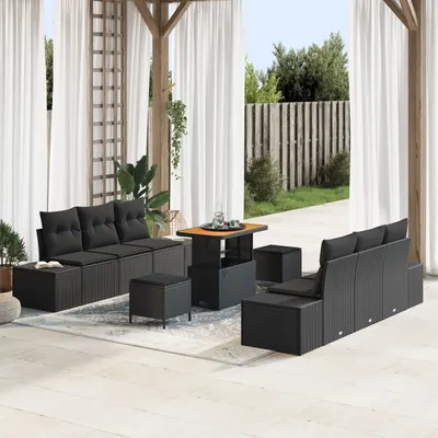 Set canapea gradina 9 piese cu perne negru din ratan poli acacia, canapea gradina 2 persoane cu perne negru din ratan poli, set dining gradina 3 piese cu perne negru din ratan poli acacia