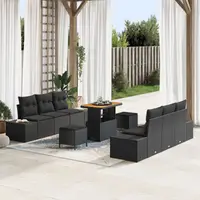 Set canapea gradina 9 piese cu perne negru din ratan poli acacia, canapea gradina 2 persoane cu perne negru din ratan poli, set dining gradina 3 piese cu perne negru din ratan poli acacia