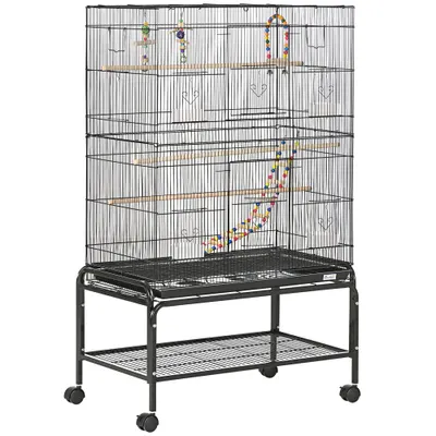 PawHut Colivie pentru Păsări cu Stinghii, Jucării, Recipiente Alimentare și Tavă Detașabilă, 79x49x133 cm, Negru | Aosom Romania
