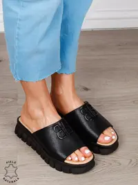 Papuci Damă din Piele Naturală cu Detalii Perforate și Talpă Groasă CRL1264 NEGRU
